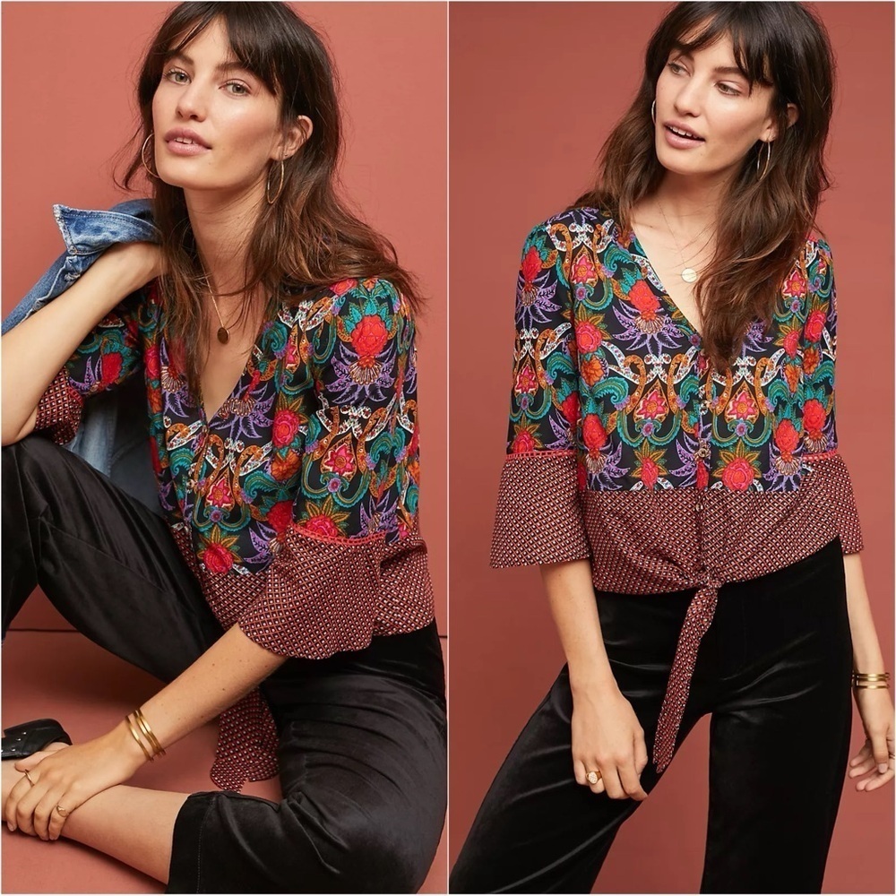 Anthropologie Maeve Top Carter Blouse Button Front Tie Waist 3/4 Sleeve Floral 4